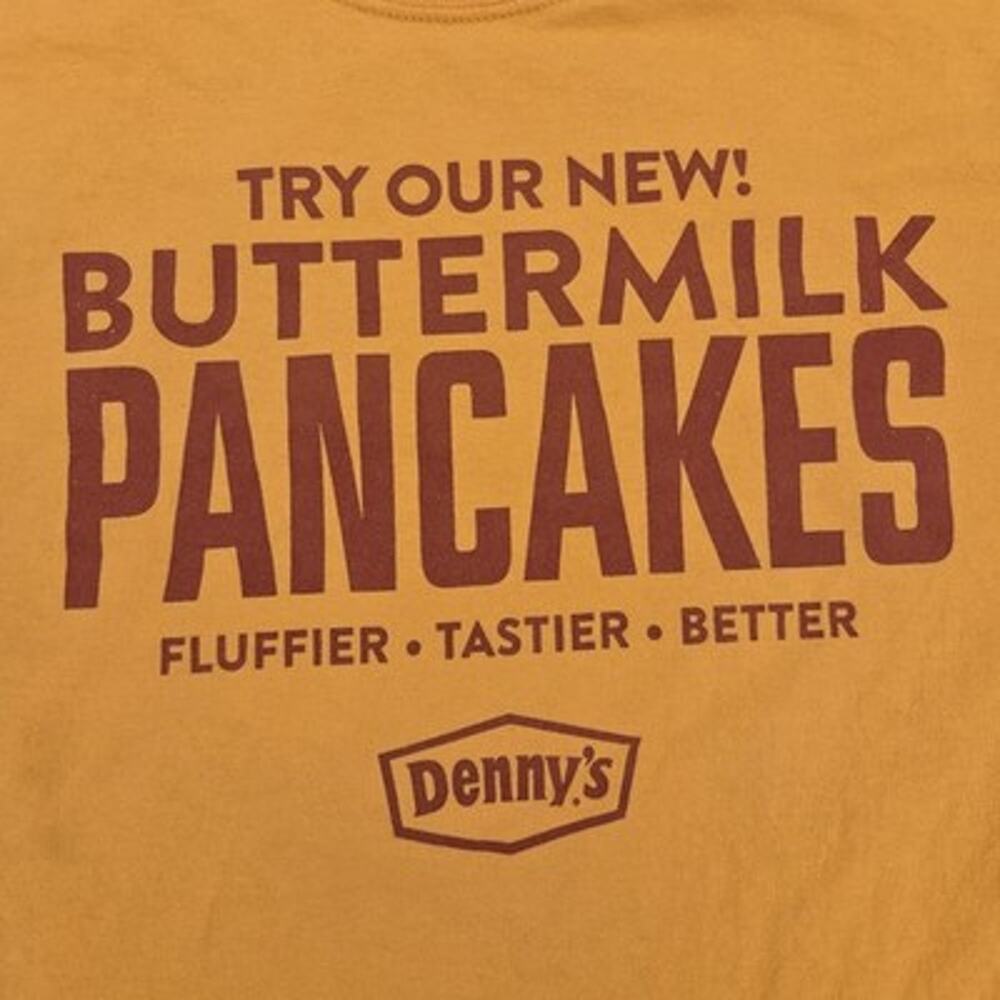 Dennys Buttermilk Pancakes T Shirt Mens L Yellow Short Sleeve Double-Sided
